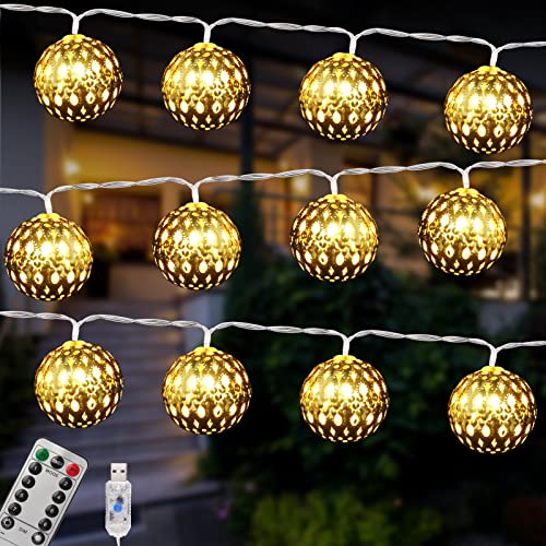 Vegena 30 LED Lichterkette Marokkanisch - Lichterkette Kugeln Strombetrieben mit USB - 8 Blinkenden Modi Dimmbar mit Fernbedienung - Lichterketten für Zimmer Fenster Innen Weihnachten (Golden) von Vegena