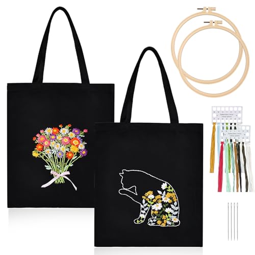 Vegena Canvas Tote Bag Stickset, 2 Sätze Stickset Tasche, Schwarze Stickset Tragetasche Mit Stickerei Tasche, Stickrahmen, Farbfäden, Anleitungen Und Werkzeug, Embroidery Kit Für DIY-Bastelarbeiten Vegena Canvas Tote Bag Stickset, 2 Sätze Stickset Tasche, Schwarze Stickset Tragetasche Mit Stickerei Tasche, Stickrahmen, Farbfäden, Anleitungen Und Werkzeug, Embroidery Kit Für DIY-Bastelarbeiten von Vegena