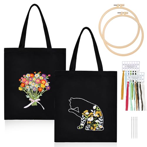 Vegena Canvas Tote Bag Stickset, 2 Sätze Stickset Tasche, Schwarze Stickset Tragetasche Mit Stickerei Tasche, Stickrahmen, Farbfäden, Anleitungen Und Werkzeug, Embroidery Kit Für DIY-Bastelarbeiten von Vegena