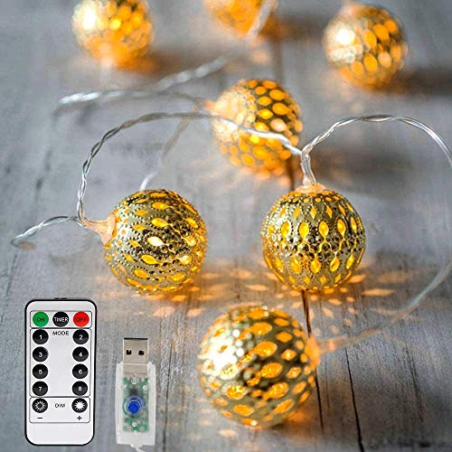 Vegena LED Lichterkette,20 Led 3M Marokkanische Lichterkette 8 Modi Dimmbar mit Fernbedienung, Kugeln Orientalisch Weihnachtslichterkette Mit USB NICHT batteriebetrieben,Warmgelb von Vegena