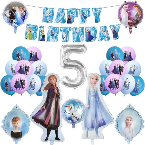 VegheE Anna und Elsa Geburtstagsdeko, Gebutstag Party Set Frozen Folienballons Luftballon, Kindergeburtstag Deko mit Happy Birthday Girlande und Luftballons für Mädchen Kinder (5 Jahre) von VegheE