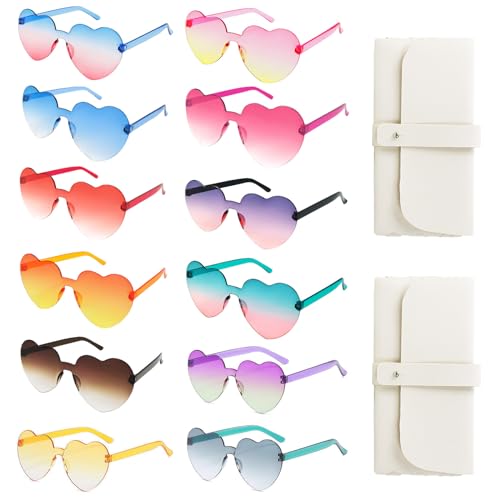Veiteibe 12 Paar Herz Sonnenbrille Partybrille Set, Transparent Herz Party Brille, Randlose Herzbrillen mit 2 Brillentaschen, für Hochzeit Geburtstag Strand Party Foto Requisiten von Veiteibe