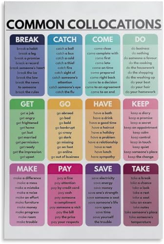 VelfDuel Common Collocations Vokabelposter, englische Sprache, Heimschule und Klassenzimmer, pädagogisches Poster, Metall-Blechschild, Wandkunst-Poster für Schlafzimmer, Wohnzimmer, Dekoration, 20,3 x von VelfDuel