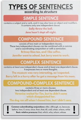 VelfDuel Englisches Klassenzimmer-Poster "Types of Sentences According to Structure", pädagogisches Poster, Metall-Blechschild, Wandkunst-Poster für Schlafzimmer, Wohnzimmer, Dekoration, 20,3 x 30,5 von VelfDuel