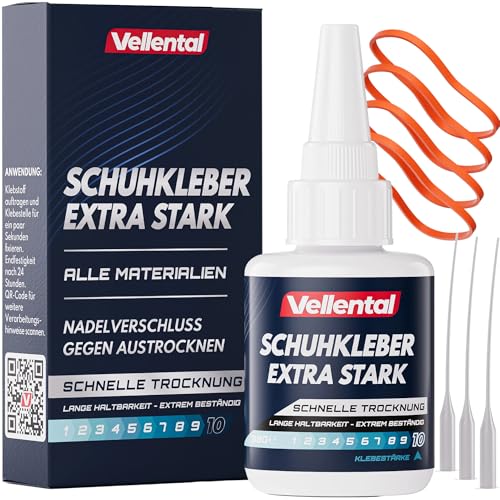 Schuhkleber extra stark wasserfest 30g - Kleber Set mit Klebespitzen für Schuhe, Sneaker, Turnschuhe und Leder - Starker Schuhkleber für Schuhe und Schuhsohlen von Vellental