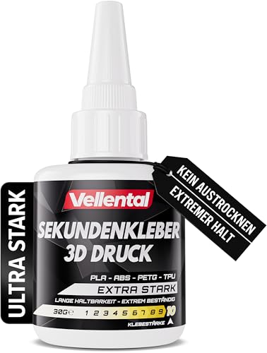 Sekundenkleber 3D Druck flüssig für PLA, ABS, PETG, TPU Filament extra stark - 3D Drucker Kleber wasserfest, hitzebeständig & mit Nadel Verschluss gegen Austrocknung - 3d Drucker Zubehör von Vellental