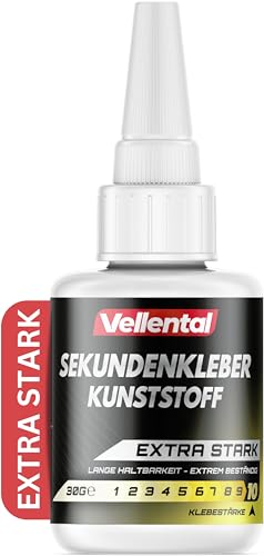 Sekundenkleber Gel für Kunststoff extra stark 30g wasserfest, hitzebeständig & mit Nadel Verschluss gegen Austrocknung - Kunststoffkleber, Plastik Kleber für Kunststoff, Acrylglas von Vellental