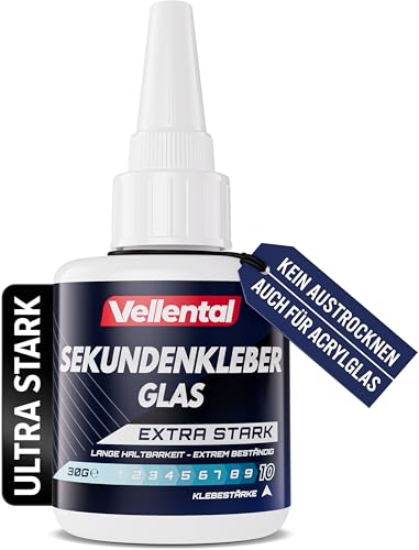 Sekundenkleber Glas extra stark - Glaskleber transparent wasserfest, hitzebeständig & mit Nadel Verschluss gegen Austrocknung - Glas Kleber zum Verkleben von Glas & Acrylglas aller Art von Vellental
