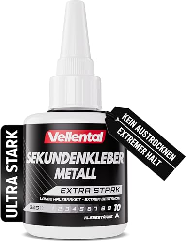 Sekundenkleber Metall extra stark 30g - Metallkleber wasserfest, hitzebeständig & mit Nadel Verschluss gegen Austrocknung - Metall Kleber zum Verkleben von Metallen aller Art von Vellental