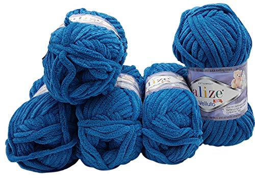 5 x 100 Gramm Alize Velluto Strickwolle, Babywolle, 500 Gramm Wolle Super soft Bulky (blau 646) von Velluto