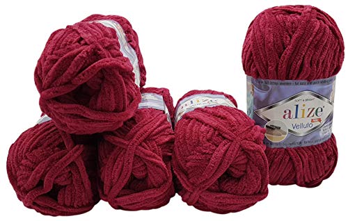 5 x 100 Gramm Alize Velluto Strickwolle, Babywolle, 500 Gramm Wolle Super soft Bulky (bordeaux 107) von Velluto