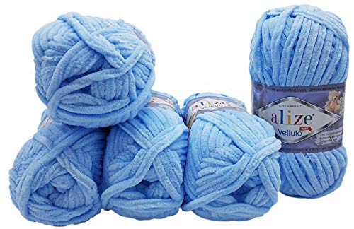 5 x 100 Gramm Alize Velluto Strickwolle, Babywolle , 500 Gramm Wolle Super soft Bulky (hell blau 218) von Velluto