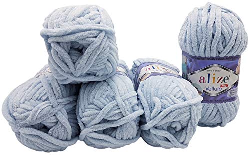 5 x 100 Gramm Alize Velluto Strickwolle, Babywolle, 500 Gramm Wolle Super soft Bulky (blau grau 416) von Velluto