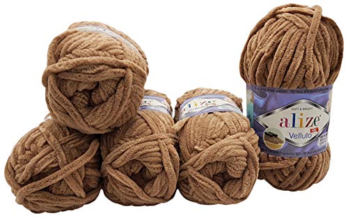 Alize Velluto 5 x 100 Gramm Strickwolle, Babywolle, 500 Gramm Wolle Super soft Bulky (braun 329) von Velluto