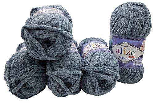 Alize Velluto 5 x 100 Gramm Strickwolle, Babywolle, 500 Gramm Wolle Super soft Bulky (dunkelgrau 87) von Velluto