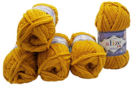 Alize Velluto 5 x 100 Gramm Strickwolle, Babywolle, 500 Gramm Wolle Super soft Bulky (goldgelb 02) von Velluto