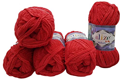 Alize Velluto 5 x 100 Gramm Strickwolle, Babywolle, 500 Gramm Wolle Super soft Bulky (rot 56) von Velluto