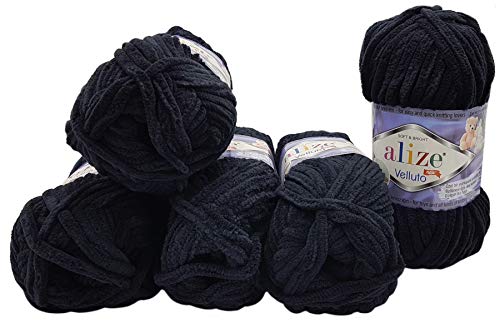 5 x 100 Gramm Alize Velluto Strickwolle, Babywolle, 500 Gramm Wolle Super soft Bulky (schwarz 60) von Velluto