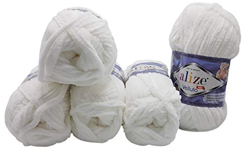 5 x 100 Gramm Alize Velluto Strickwolle, Babywolle, 500 Gramm Wolle Super soft Bulky (weiß 55) von Velluto