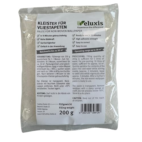 Veluxis® Vliestapetenkleister – Tapetenkleister für Vliestapeten, gebrauchsfertig in 10 Min, hohe Klebkraft, reicht für bis zu 30 m², für alle gängigen Vliestapeten, fleckenfrei (10, weiß) von Veluxis