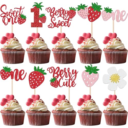 30 StüCk Sweet One Cupcake-Topper Mit Glitzernden Erdbeeren, Kuchendekorationen FüR Die 1. Geburtstagsparty, Babyparty Und Kinderfeiern von VelvetGlow