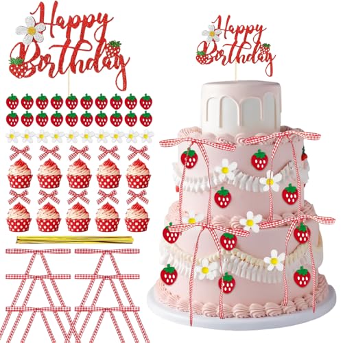 VelvetGlow 71pcs Erdbeerschleife Kuchen Dekorationen, Alles Gute Zum Geburtstag Erdbeerkuchen Topper Und Cupcake, Schleifen Dekorationen FüR Baby Shower Brautdusche Abschlussfeier von VelvetGlow