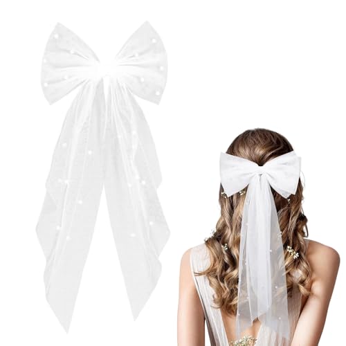 VelvetGlow Kurzer Schleier Braut Mit GroßEr Perlen-Haarschleife, WeißEr Schleier FüR Hochzeit Und Junggesellenabschied, Haarnadel Dekoration Und Erstkommunion Geschenk FüR Damen von VelvetGlow