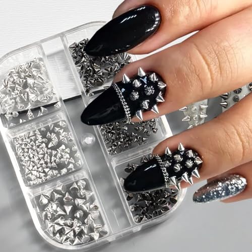 Velvoria 6 Gitter Metallic Nieten Punk Nagel Charm, 3D Gothic Punk für Nägel, silber schwarze Kegel Spike Nieten, Nagelkunst Juwelen, Legierung, Mini Nieten Nieten, Nagelzubehör von Velvoria