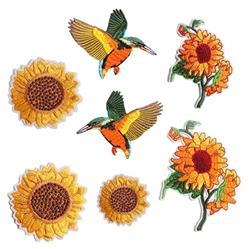 Bestickte Aufnäher 7 Stück Sonnenblumen Vogel Bügelbild Aufnäher Dekoration Diy Craft Applikationen für Kleidung Jacken von Vepoty