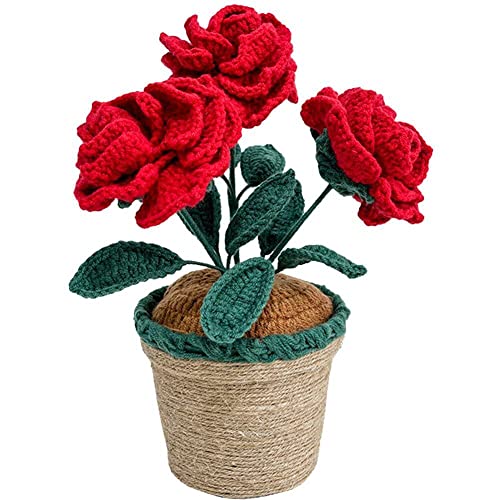 Vepoty Künstliche Mini-Topfpflanzen, Handgestrickte Häkelblumen, gewebte rote Rosen-Topfpflanzen, Heimbüro-Schreibtisch-Ornamente von Vepoty