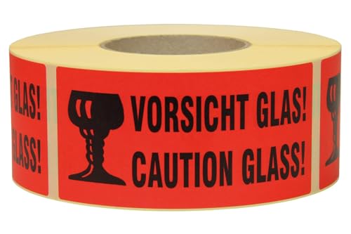 Warn- und Hinweisetiketten, Abm (LxB): 145x70mm, aus Papier, 10000 Stück, rot, mit Aufdruck 2-sprachig 'Caution Glass, VerPal von VerPal