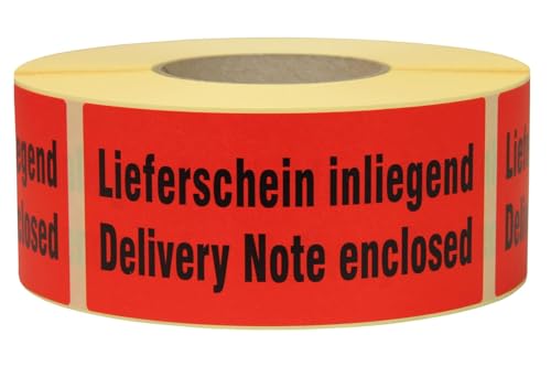 Warn- und Hinweisetiketten, Abm (LxB): 145x70mm, aus Papier, 10000 Stück, rot, mit Aufdruck 2-sprachig 'Delivery Note enclosed, VerPal von VerPal