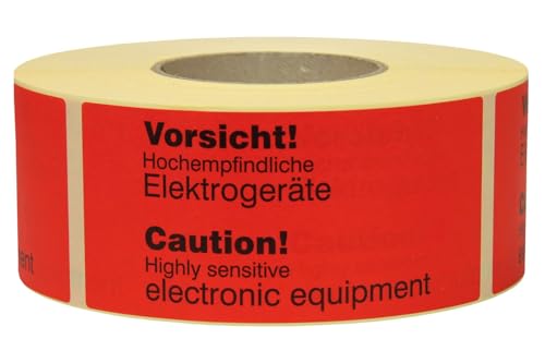 Warn- und Hinweisetiketten, Abm (LxB): 145x70mm, aus Papier, 10000 Stück, rot, mit Aufdruck 2-sprachig 'Sensitive electronic equip, VerPal von VerPal