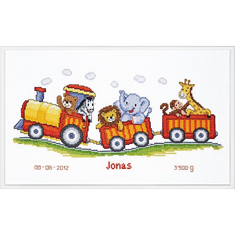 Kreuzstichbild "Bahn mit Zootieren", 38 x 18 cm von Verachtert