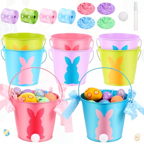 Vercraft 8 Sets Osterhasen-Metalleimer mit Griff, Hasenkörbe mit 4 Packungen Ostergras-Bast Papierschnipseln, 4 Rollen Oster-Punkteband, verdrahtet, 10 pelzige Kugeln und Kleber, 12 x 11 x 12 cm von Vercraft