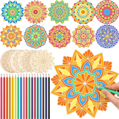 Vercraft Mandala-Malset aus Holz, 28-teilig, 10 unlackierte Holzausschnitte mit 18 Buntstiften für Bastelset, Mandala-Handwerk zum Malen, Basteln, Heimdekoration (klassischer Stil) von Vercraft