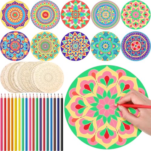 Vercraft Mandala-Gemälde-Set aus Holz, 10 unlackierte Holzausschnitte mit 18 Buntstiften für Bastelset, Mandala-Handwerk zum Malen, Basteln, Heimdekoration (Retro-Stil) von Vercraft
