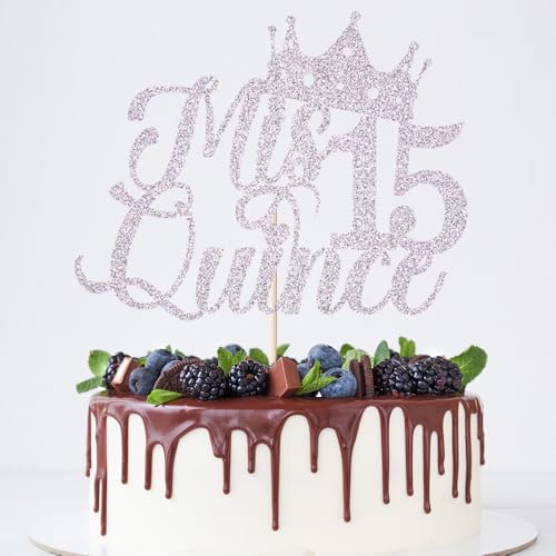 Mis Quitte 15 Cake Topper, Mis Años 15 Cake Decor, Feliz 15 Años, Hello 15, Cheers to 15 Years, Happy 15th Birthday Party Decorations - Gold Glitter (Silber) von Verherer