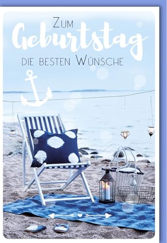 Geburtskarten Glückwunschkarten zur Geburt Klappkarte mit Strandmotiv Anker Liegestuhl Laterne und Kerzen im Hintergrund mit Umschlag Geburtskarten Glückwunschkarten zur Geburt Klappkarte mit Strandmotiv Anker Liegestuhl Laterne und Kerzen im Hintergrund mit Umschlag von Verlag Dominique
