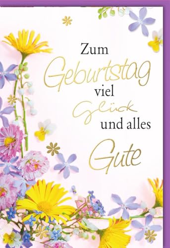 Verlag Dominique Geburtstagskarten Glückwunschkarten Geburtstag Doppelkarte Zum Geburtstag viel Glück und alles Gute bunte Blumen in Gelb Lila Blau und Rosa mit Umschlag von Verlag Dominique