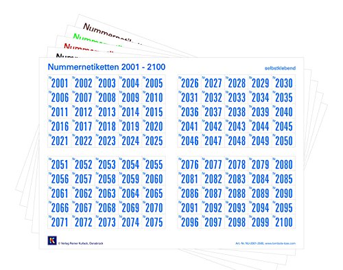 1000er-Set Nummernetiketten selbstklebend, Zahlen zum Aufkleben, wasserfest, wetterfest, UV-beständig (Nr. 2001-3000) von Verlag Reiner Kullack