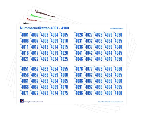 1000er-Set Nummernetiketten selbstklebend, Zahlen zum Aufkleben, wasserfest, wetterfest, UV-beständig (Nr. 4001-5000) von Verlag Reiner Kullack