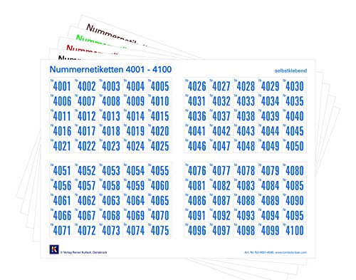 1000er-Set Nummernetiketten selbstklebend, Zahlen zum Aufkleben, wasserfest, wetterfest, UV-beständig (Nr. 4001-5000) von Verlag Reiner Kullack