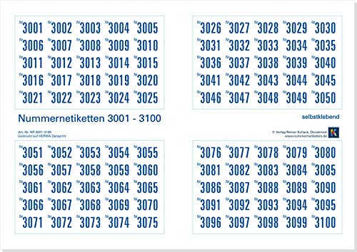 1000er-Set Nummernetiketten selbstklebend aus Papier, Zahlen zum Aufkleben, Nr. 3001-4000 von Verlag Reiner Kullack