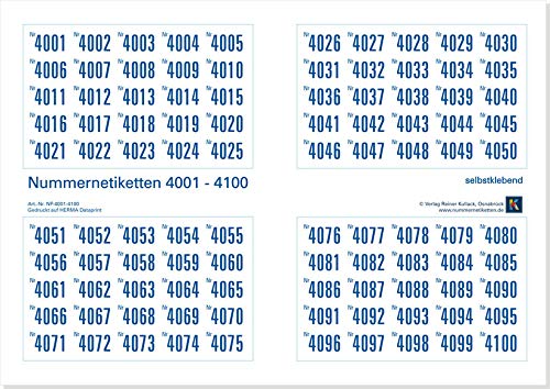 1000er-Set Nummernetiketten selbstklebend aus Papier, Zahlen zum Aufkleben, Nr. 4001-5000 von Verlag Reiner Kullack