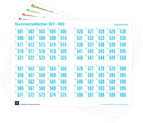 500er-Set Nummernetiketten selbstklebend, Zahlen zum Aufkleben, wasserfest, wetterfest, UV-beständig (Nr. 501-1000) von Verlag Reiner Kullack