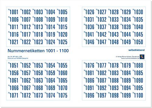 500er-Set Nummernetiketten selbstklebend aus Papier, Zahlen zum Aufkleben, Nr. 1001-1500 von Verlag Reiner Kullack