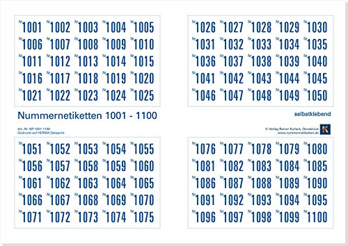 500er-Set Nummernetiketten selbstklebend aus Papier, Zahlen zum Aufkleben, Nr. 1001-1500 von Verlag Reiner Kullack