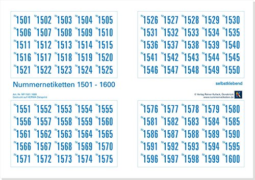 500er-Set Nummernetiketten selbstklebend aus Papier, Zahlen zum Aufkleben, Nr. 1501-2000 von Verlag Reiner Kullack