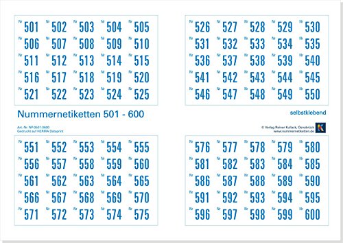 500er-Set Nummernetiketten selbstklebend aus Papier, Zahlen zum Aufkleben, Nr. 501-1000 von Verlag Reiner Kullack